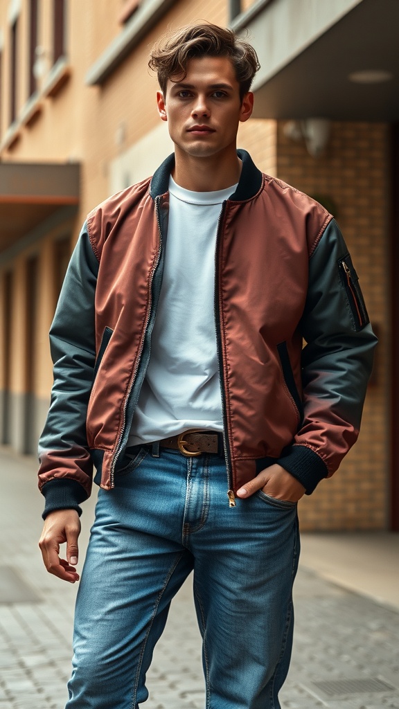 A young man wearing a vintage bomber jacket and jeans, standing on a city street.