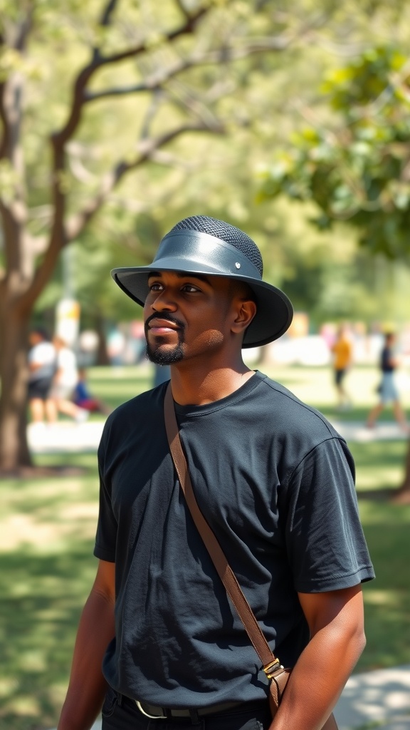 A person wearing a black visor hat, black basic tee, and light blue jeans, standing outdoors in a sunny park.
