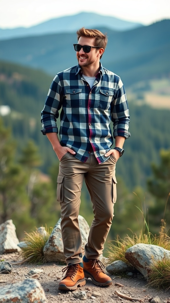 A person wearing khaki chinos, a flannel shirt, and sturdy boots, standing on a hiking trail surrounded by nature.