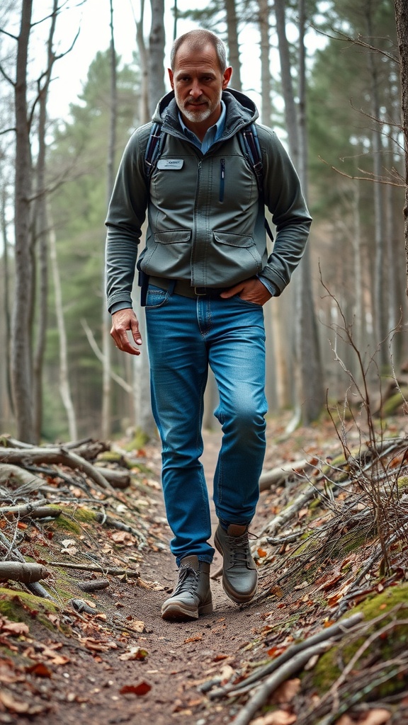 A man walking through a forest path wearing blue jeans, a hoodie, and a backpack.
