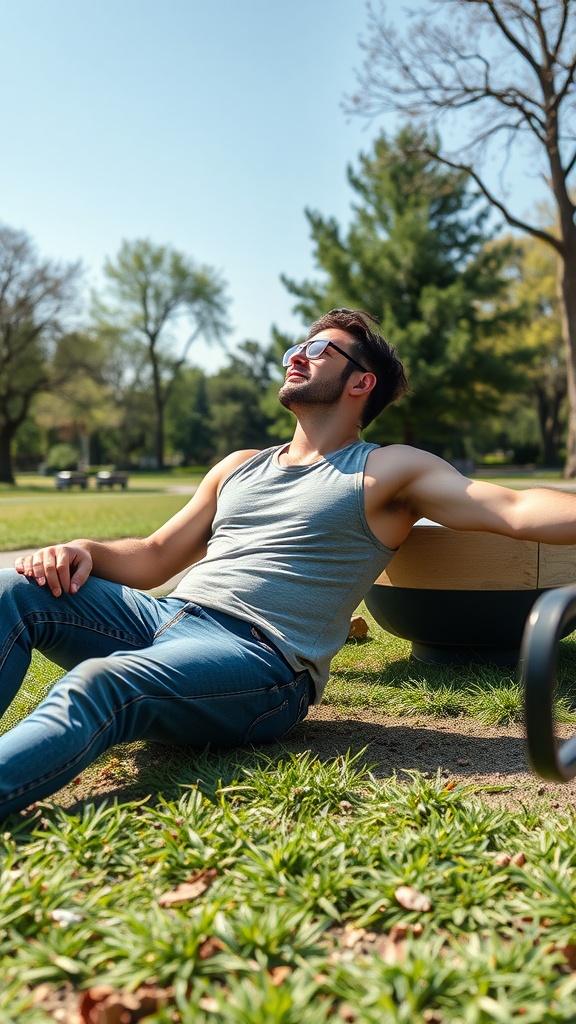 A man lounging in a park wearing a tank top and relaxed fit jeans, enjoying the sunny weather.