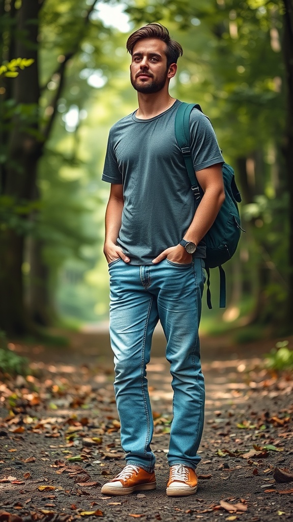 A man wearing acid wash jeans, a relaxed fit tee, and carrying a brown backpack.