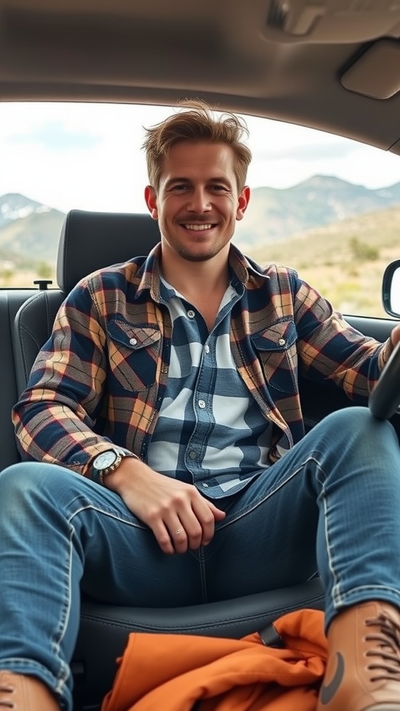 A young man sitting in a car, wearing a plaid shirt over a blue button-up and jeans, smiling at the camera.