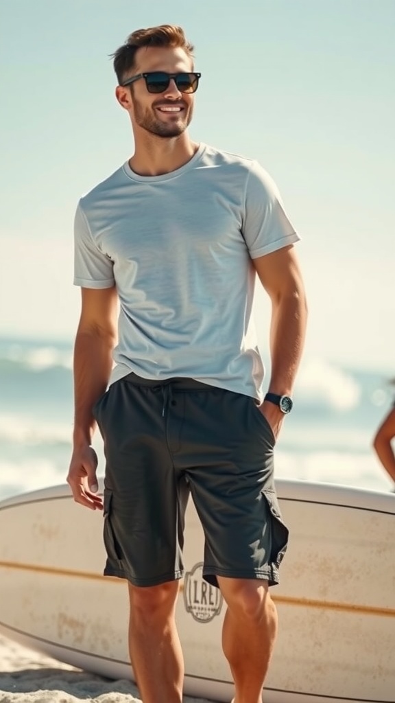 Man standing on the beach in a navy tee and khaki shorts holding a surfboard.