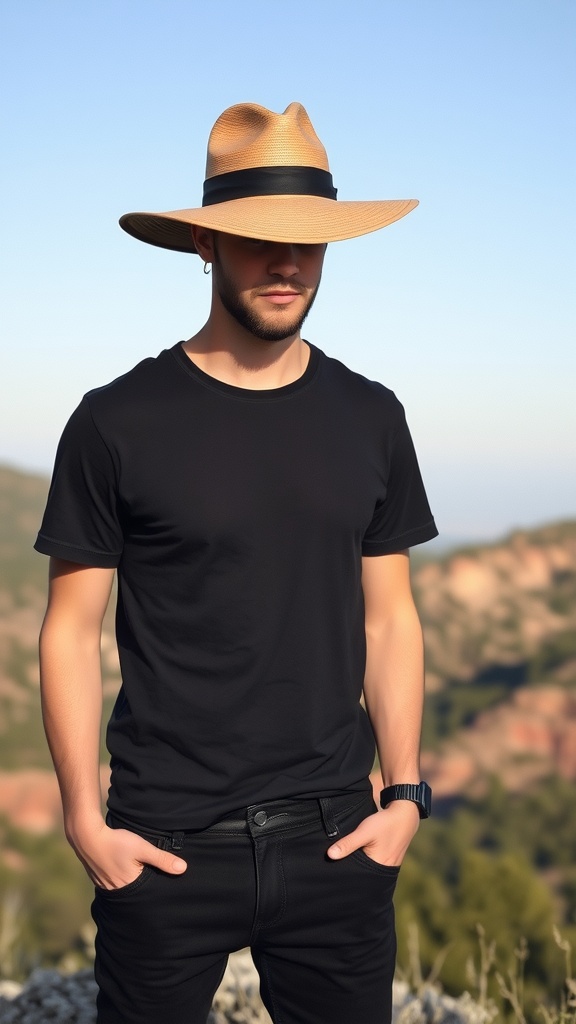A woman wearing a wide-brim hat with a black basic tee and black jeans, set against a natural landscape.