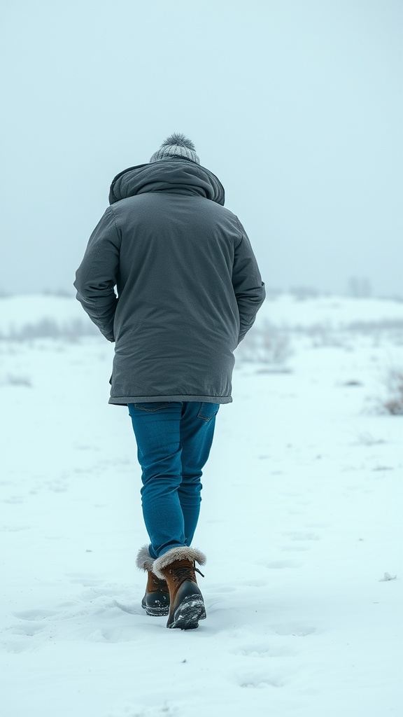 A man walking in blue jeans and a gray jacket in a snowy landscape
