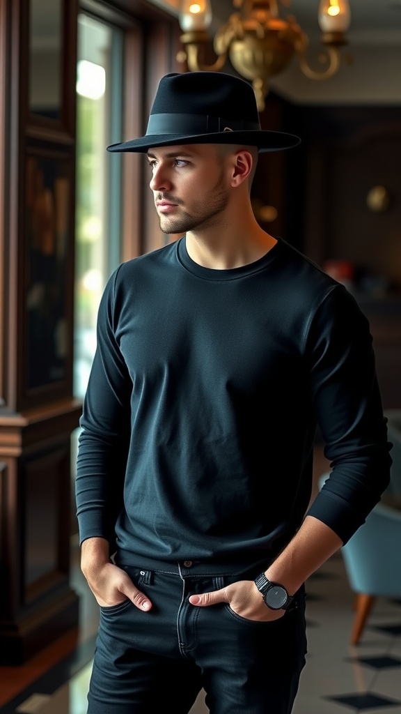 A woman wearing a black wool felt hat, black tee, and black jeans, standing in a stylish interior.