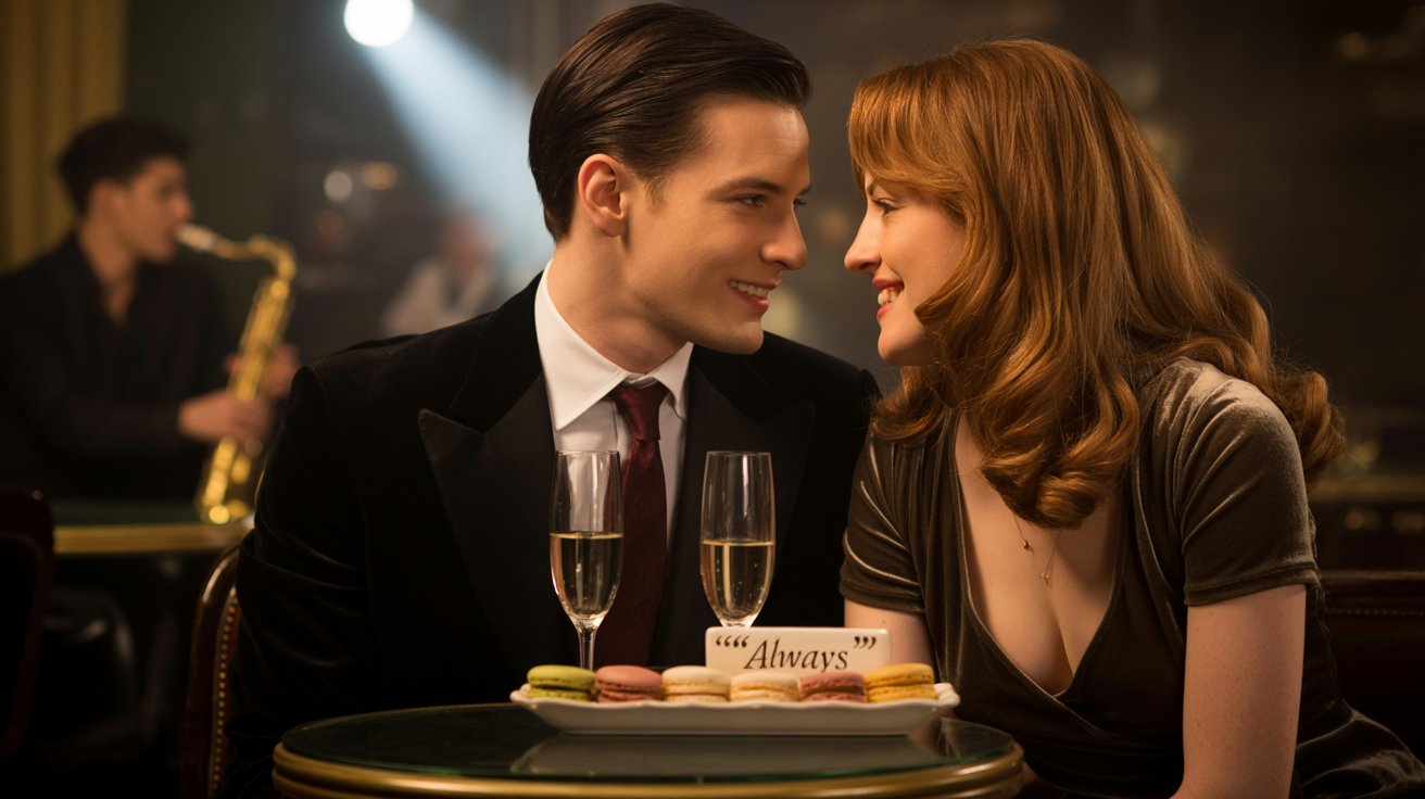 A cinematic portrait photograph captures a young man and woman sharing a quiet moment on a cozy date at a dimly lit jazz club. The man, with neatly styled dark hair and a warm smile, gazes affectionately at his girlfriend, who has long, wavy auburn hair and is wearing a vintage velvet dress. A single spotlight illuminates them, casting soft shadows and highlighting the intimate atmosphere, with blurred figures and a hint of a saxophone player in the background. A small, elegant table between them holds two champagne glasses and a plate of delicate macarons, inscribed with "“Always”" adding a touch of romance to the scene.