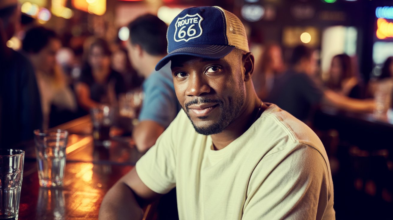 A cinematic portrait photograph captures a contemplative black man at a dimly lit, bustling bar. He's wearing a simple white crewneck tee and a navy blue trucker hat with the embroidered phrase "Route 66" on the front. The man has short, neatly trimmed facial hair, kind eyes, and a slight, knowing smile as he gazes directly towards the camera, illuminated by the warm glow of a vintage neon sign. The background is filled with blurred figures and the soft reflections of glasses on the bar’s polished wood surface, establishing a relaxed and slightly nostalgic atmosphere.