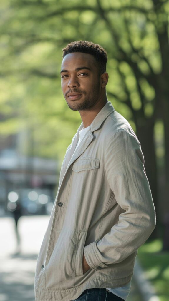 Mens Guide to Spring Fashion: What Clothes to Wear A cinematic portrait photograph of a Black man with short, neatly trimmed hair, sporting a light beige linen jacket perfect for a breezy spring day. He stands confidently with his hands casually in his pockets, gazing directly at the camera with a subtle, knowing smile, his expression radiating quiet strength and warmth. Soft, diffused sunlight illuminates his face and the textured fabric of his jacket, while a blurred background of vibrant green foliage suggests a peaceful urban park setting. The overall atmosphere is one of relaxed sophistication and understated elegance, with a gentle bokeh effect adding depth and visual interest.