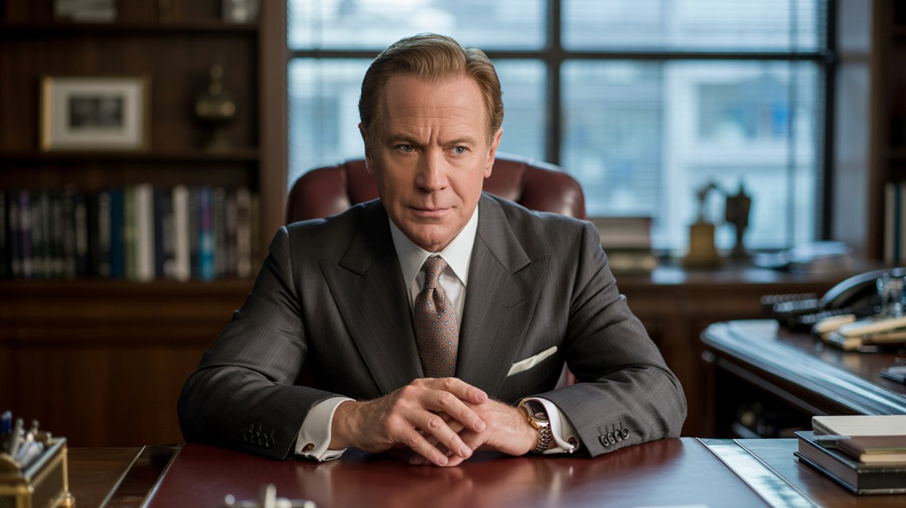 A cinematic portrait photograph of a distinguished man in an office, seated at a polished mahogany desk. He is impeccably dressed in a charcoal grey suit, a crisp white shirt, and a subtly patterned silk tie, his hands clasped thoughtfully before him. The man's face, etched with experience, holds a calm, confident expression as he gazes directly at the camera, illuminated by soft, diffused light filtering through a nearby window – "Success is a journey". Behind him, blurred bookshelves and a glimpse of a cityscape through the window create a sense of depth and professional achievement.