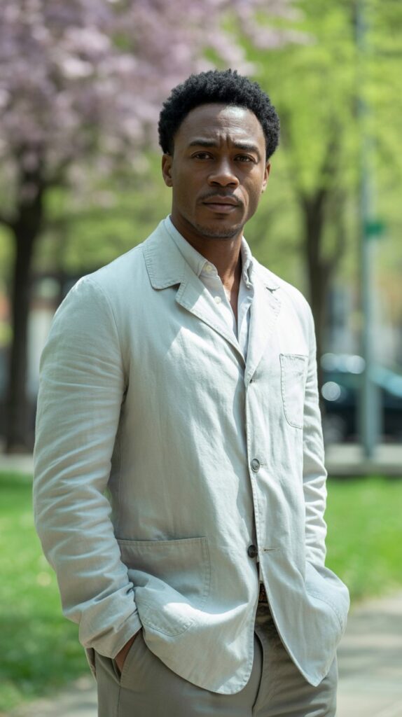 Mens Guide to Spring Fashion: What Clothes to Wear A cinematic portrait photograph of a Black man with short, neatly trimmed hair, sporting a light beige linen jacket perfect for a breezy spring day. He stands confidently with his hands casually in his pockets, gazing directly at the camera with a subtle, knowing smile, his expression radiating quiet strength and warmth. Soft, diffused sunlight illuminates his face and the textured fabric of his jacket, while a blurred background of vibrant green foliage suggests a peaceful urban park setting. The overall atmosphere is one of relaxed sophistication and understated elegance, with a gentle bokeh effect adding depth and visual interest.