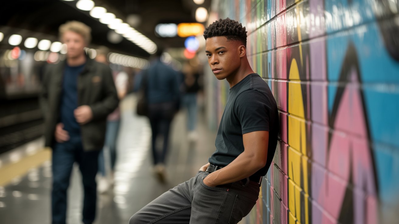 A cinematic portrait photograph of a young Black man with short, neatly trimmed hair and a thoughtful expression leaning against a vibrant graffiti wall in a bustling subway station. He is dressed in dark grey slim-fit jeans and a simple black t-shirt, his hands casually tucked into his pockets, conveying a sense of urban cool. The graffiti behind him is a dynamic blend of colors and abstract shapes, while a soft, diffused light from the station’s overhead lamps casts subtle shadows on his face and highlights the texture of the wall. In the blurred background, figures rush past, hinting at the constant motion of city life, creating a sense of depth and atmosphere.