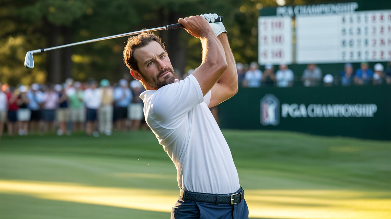 A dramatic, cinematic portrait photograph of a professional golfer during the final round of the PGA Championship. The golfer, a muscular man with a focused expression and neatly trimmed facial hair, is captured mid-swing, his club poised powerfully above the ball on a pristine green. Sunlight glints off his crisp white golf shirt and navy blue trousers, while a blurred background of spectators and the 18th hole provides a sense of the championship atmosphere. The composition emphasizes the intensity of the moment, with a shallow depth of field isolating the golfer against the vibrant green backdrop and the scoreboard displaying “"PGA Championship"" in the distance.
