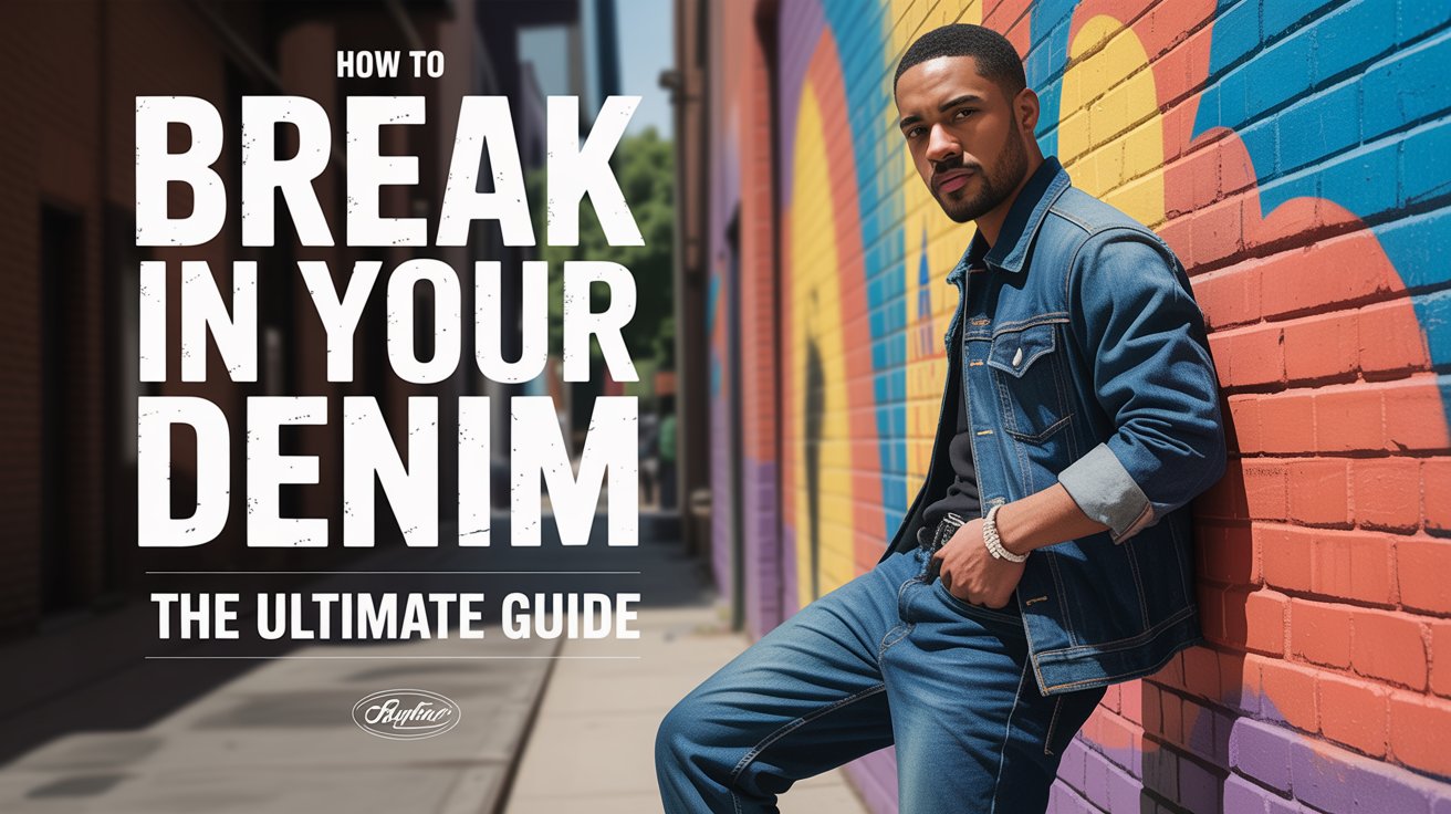 A lifestyle advertisement flyer for "How to Break In Raw Denim" featuring a stylish black man confidently leaning against a vibrant graffiti-covered brick wall, showcasing a pair of well-worn, dark indigo raw denim jeans. The scene is illuminated with natural, diffused light highlighting the texture of the denim and the gritty urban backdrop, with a shallow depth of field blurring the wall's details while keeping the man and jeans sharply in focus. Bold, sans-serif text overlayed on the image reads "BREAK IN YOUR DENIM" in a distressed font at the top and "The Ultimate Guide" in a smaller font below, alongside a subtle brand logo at the bottom corner, creating a cool and relatable aesthetic that appeals to streetwear and fashion enthusiasts.