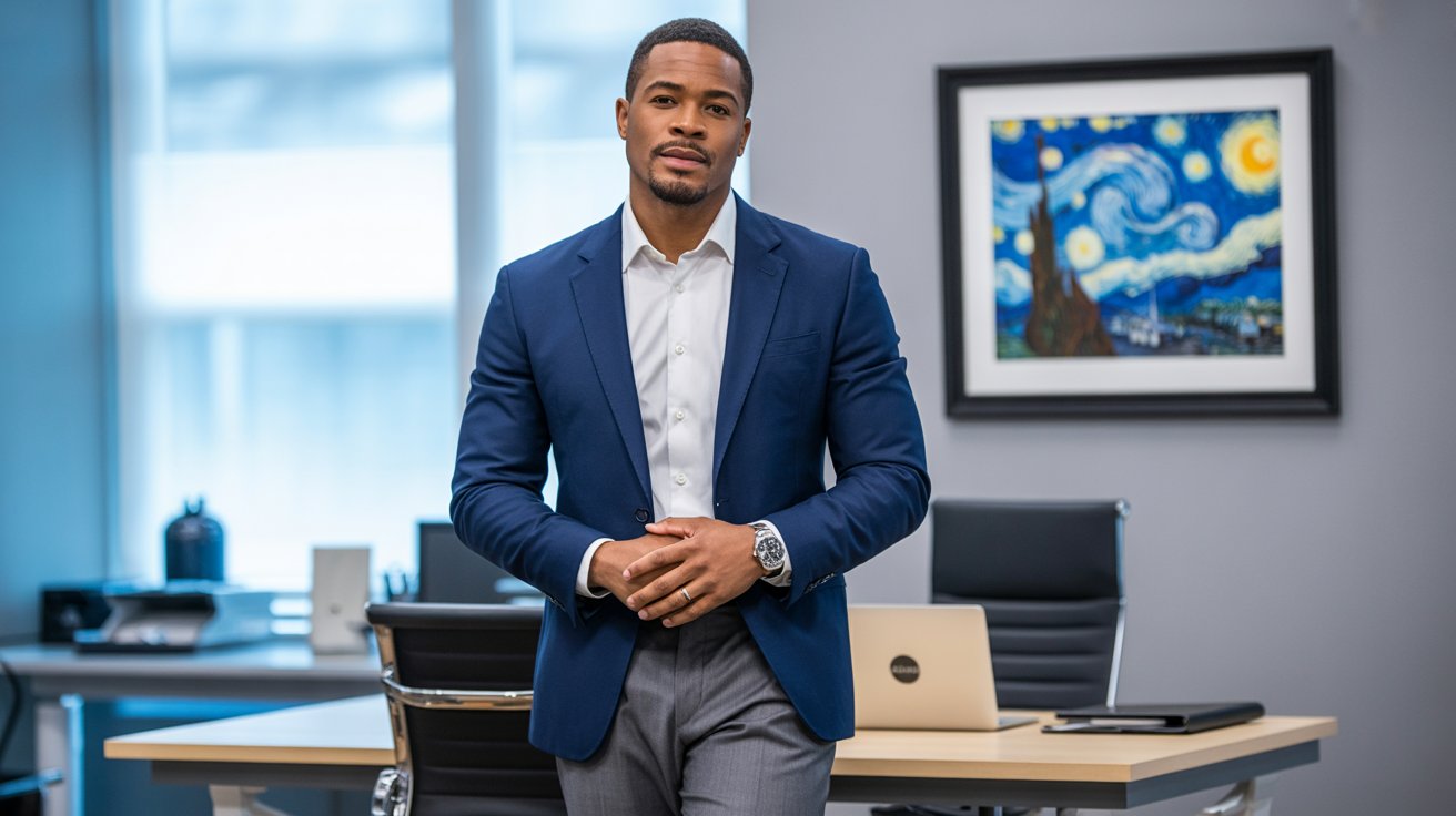 A professional portrait photograph of a confident Black man in a modern office setting. He is sharply dressed in a tailored navy blue blazer, a crisp white dress shirt, and neatly pressed grey dress pants, exuding a sense of professionalism and authority. The man stands slightly off-center, with his hands clasped casually in front of him and a subtle, encouraging smile directed towards the camera; a silver wristwatch is visible on his left wrist. Behind him, blurred office elements—a minimalist desk with a laptop and a framed print of “The Starry Night” by Van Gogh—suggest a dynamic yet focused workspace, bathed in soft, natural light filtering through a nearby window.