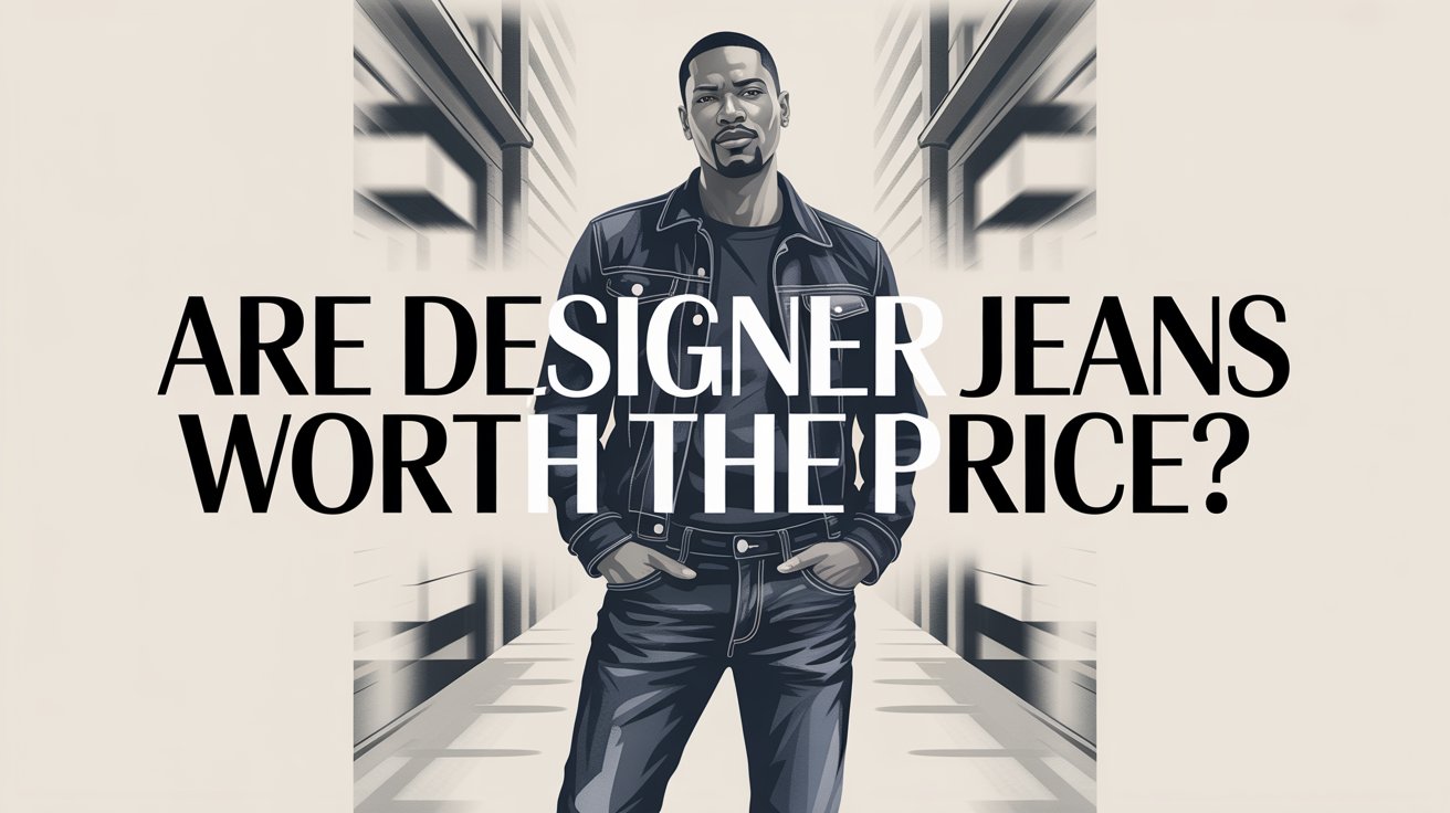 A promotional flyer in a modern, editorial style featuring a confident black man wearing stylish, dark-wash designer jeans. He is standing in a softly lit, upscale urban setting, with a slight smirk and a relaxed posture suggesting effortless style. The background subtly fades into a blurred cityscape, emphasizing the focus on the jeans, while the text "Are Designer Jeans Worth the Price?" is prominently displayed in a bold, contemporary font across the top. The overall tone is aspirational and intriguing, encouraging viewers to contemplate the value of premium denim.