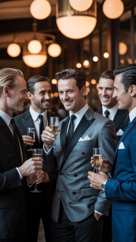 A sophisticated black and white photograph captures a distinguished group of men in impeccably tailored grey, blue, and black suits at an exclusive cocktail party. The primary focus is a silver-haired gentleman in a midnight blue suit, positioned slightly off-center with a confident, subtle smile as he extends a hand toward a companion. The background is softly blurred, showcasing a luxurious art deco-style lounge with plush velvet armchairs, gleaming mahogany bar, and the faint glow of recessed lighting, enhancing the atmosphere of understated elegance. A partially visible sign reading “"The Starlight Lounge"" hangs above the bar, completing the scene with an air of timeless sophistication.