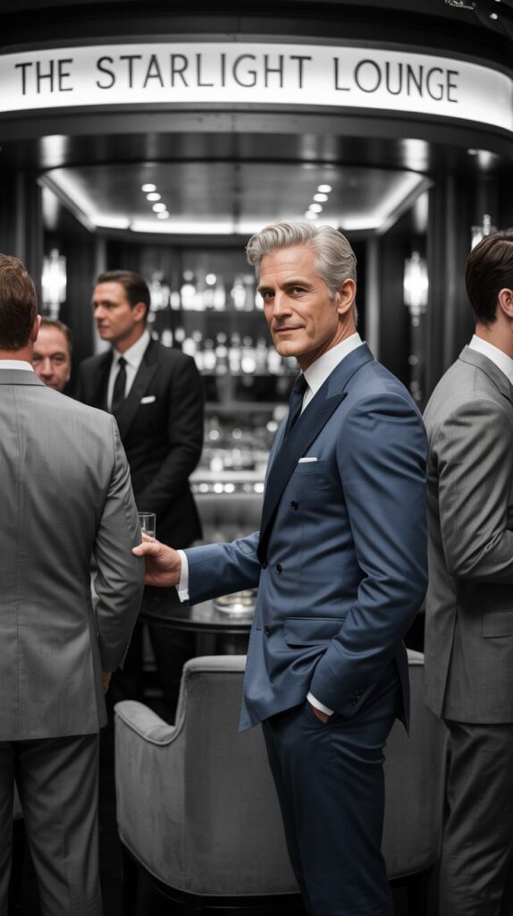 A sophisticated black and white photograph captures a distinguished group of men in impeccably tailored grey, blue, and black suits at an exclusive cocktail party. The primary focus is a silver-haired gentleman in a midnight blue suit, positioned slightly off-center with a confident, subtle smile as he extends a hand toward a companion. The background is softly blurred, showcasing a luxurious art deco-style lounge with plush velvet armchairs, gleaming mahogany bar, and the faint glow of recessed lighting, enhancing the atmosphere of understated elegance. A partially visible sign reading “"The Starlight Lounge"" hangs above the bar, completing the scene with an air of timeless sophistication.