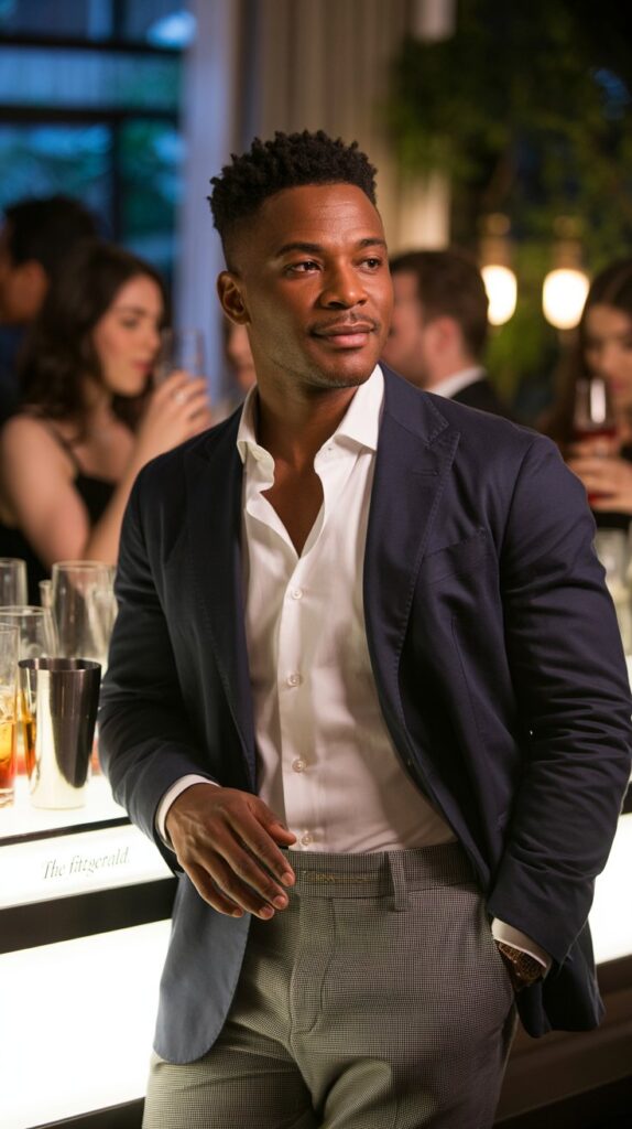A sophisticated portrait photograph of a distinguished Black man dressed in a navy blue blazer, a crisp white dress shirt, and tailored chino pants at a lively cocktail party. He possesses a warm, confident smile and neatly styled hair, his gaze directed slightly off-camera, conveying an air of quiet assurance. The background features blurred figures in elegant evening wear, soft lighting from ambient lamps illuminating the scene with a touch of warmth, and a bar with subtle bokeh. "The Fitzgerald," subtly embossed on a silver cocktail shaker, sits on the bar.