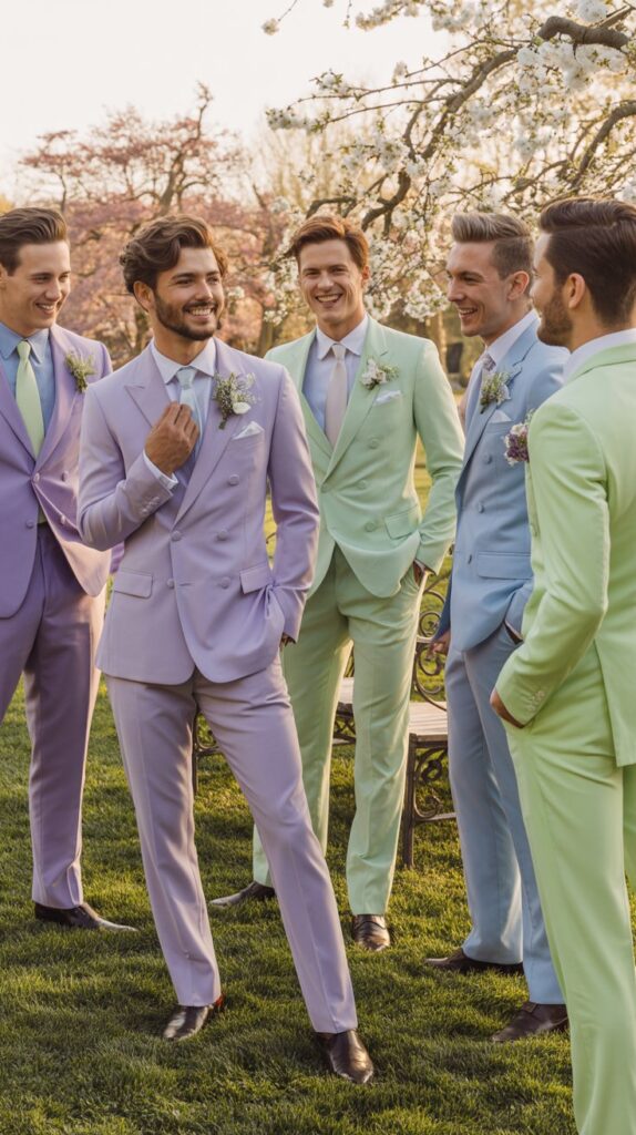 a group of men wearing spring colors at a luxury spring wedding