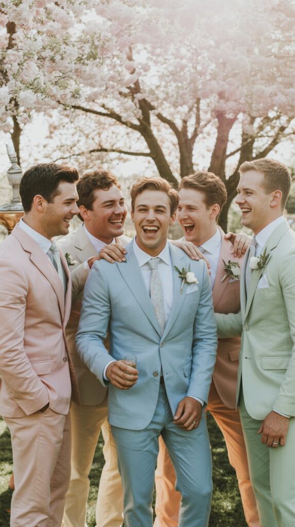 A vibrant, sun-drenched photograph captures a joyful gathering of groomsmen at a springtime wedding. The men, dressed in pastel-colored suits – blush pink, sky blue, and mint green – stand shoulder-to-shoulder, their smiles radiating genuine happiness as they playfully tease one another. Soft, diffused sunlight streams through the blooming branches of cherry trees in the background, casting a warm glow on their faces and creating a romantic, celebratory atmosphere. A vintage champagne tower stands elegantly to the side, subtly reinforcing the elegance of the event and providing an additional touch of sophistication.
