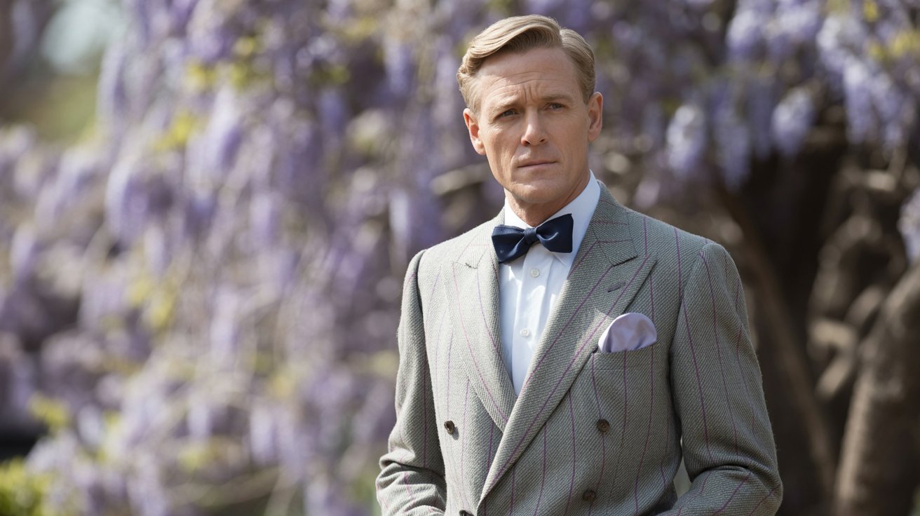 A cinematic portrait photograph of a distinguished gentleman wearing a meticulously tailored spring formal outfit. He stands confidently against a backdrop of softly blurred, blooming wisteria vines, his posture exuding quiet elegance and refinement. The suit is a light grey tweed with subtle pinstripes, complemented by a pale lavender silk pocket square and a classic black bow tie, while his expression is thoughtful and composed as he looks directly into the camera. Soft, diffused sunlight filters through the wisteria, creating a gentle glow on his face and highlighting the rich texture of the tweed, establishing a serene and timeless atmosphere.
