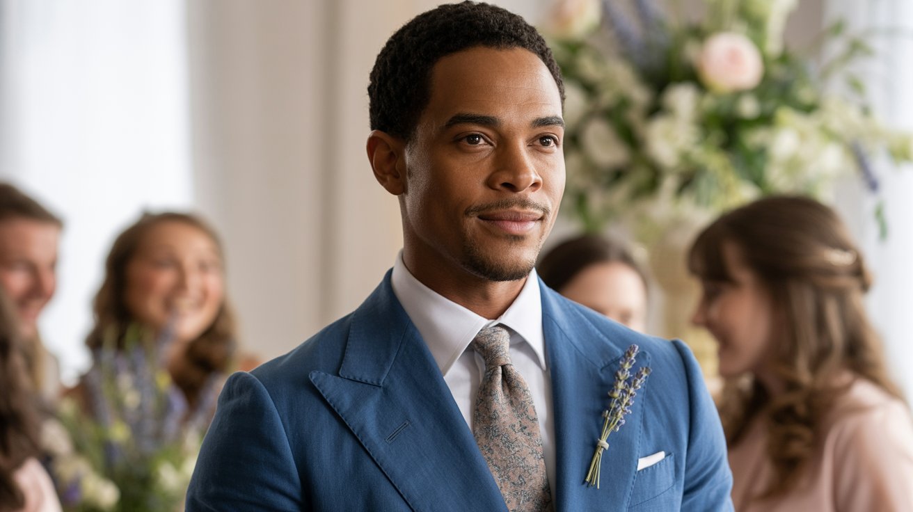 A cinematic portrait photograph of a handsome Black man attending a spring wedding, radiating understated elegance. He is impeccably dressed in a tailored navy blue linen suit, featuring a crisp white shirt and a subtly patterned silk tie, his gaze directed slightly off-camera with a gentle, confident smile. Soft, diffused natural light illuminates the scene, highlighting the texture of the linen and the warmth in his eyes, with a blurred background of joyful wedding guests and floral arrangements creating a sense of celebration and belonging. A single, delicate sprig of lavender is pinned to his lapel, adding a touch of romantic charm to the overall composition.