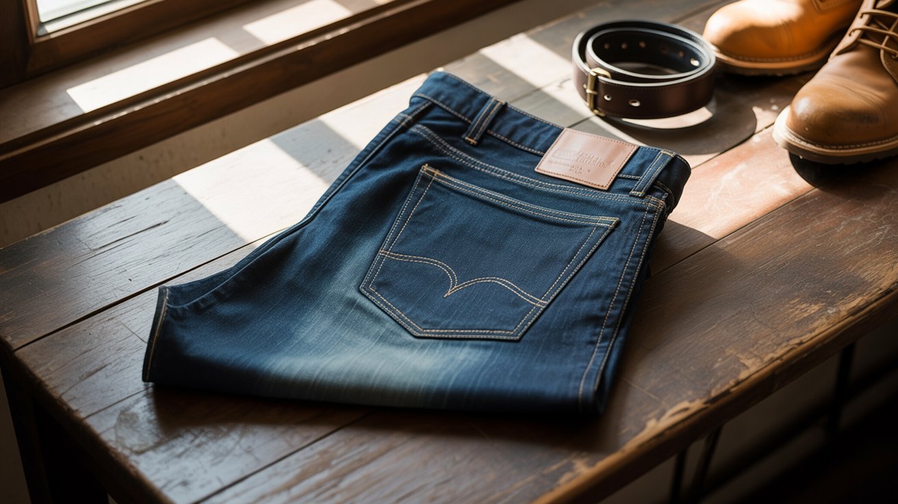 A photograph of a pair of dark wash men's jeans displayed on a weathered wooden table. The jeans are neatly folded, showcasing their classic five-pocket design and a subtle selvedge detail along the hem. Sunlight streams through a nearby window, casting soft shadows and highlighting the denim's texture. A vintage leather belt and a pair of worn work boots rest casually beside the jeans, hinting at a rugged and timeless style.